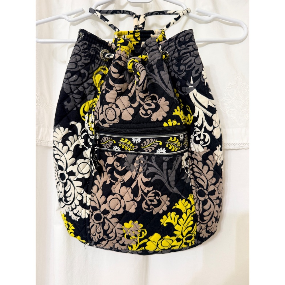 Vera Bradley Baroque Quilted Cotton Cinch Drawstring Backpack Black Yellow